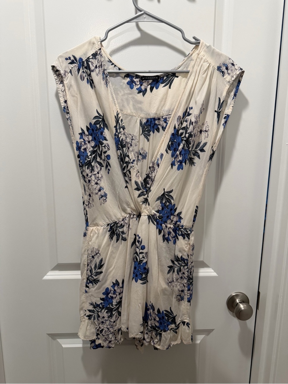 Floral Wrap-Front Cream Romper with Blue Floral Print